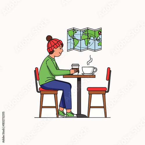 A young person enjoys a warm coffee at a cozy cafe table while contemplating global travel plans, depicted with an illustrative world map.