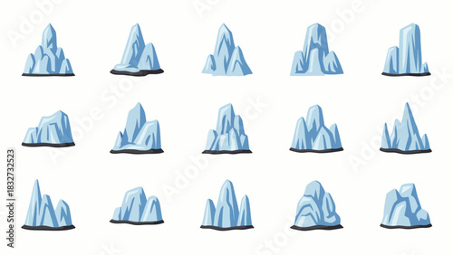 A collection of various cartoon-style blue icebergs, each with unique shapes, floating on a white background, representing arctic environments and cold weather.