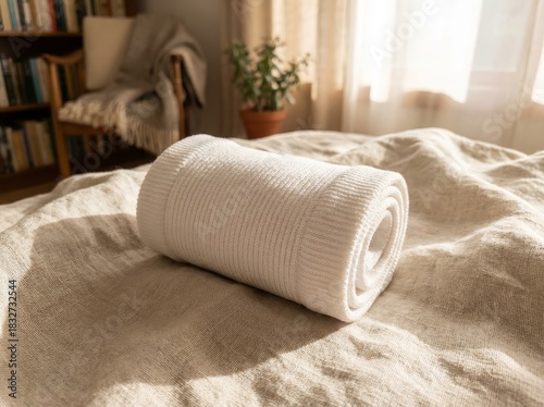 Rolled blanket resting on a comfortable bed in soft sunlight