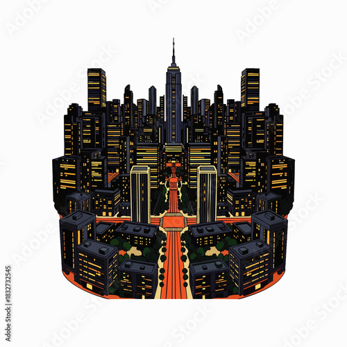 A captivating isometric digital illustration portrays a sprawling modern city skyline at night, featuring illuminated skyscrapers and intricate urban architecture.