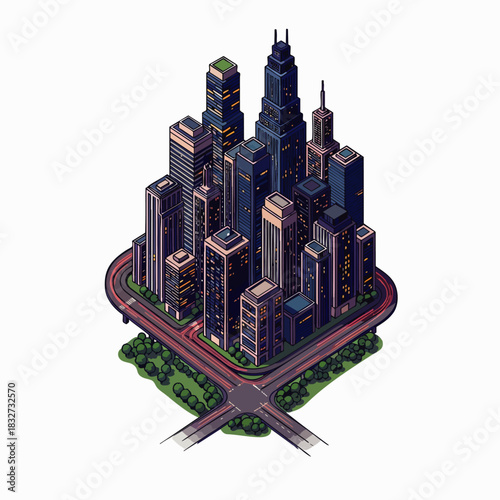 Captivating isometric pixel art illustration of a modern city featuring towering skyscrapers, complex elevated roads, and subtle green spaces, on white.