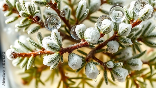 juniper. Frosted juniper branches immersed in clear liquor with water droplets on the glass surface. bar promotions, beverage menus, designed for product packaging and bar promotions.