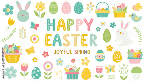 A vibrant collection of cute easter elements including happy easter text bunnies decorated eggs flowers butterflies and baskets filled with spring blossoms and treats perfect for festive designs