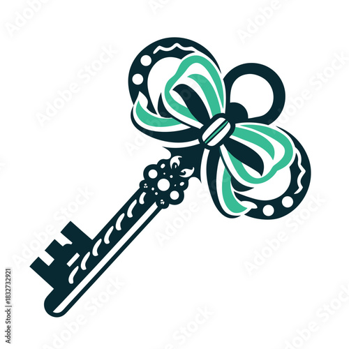 Teal and Black Key with Ribbon Illustration