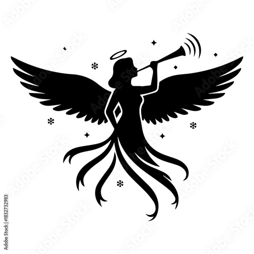 Elegant Christmas Angel Silhouette with Trumpet and Wings, High-Contrast Vector Illustration
