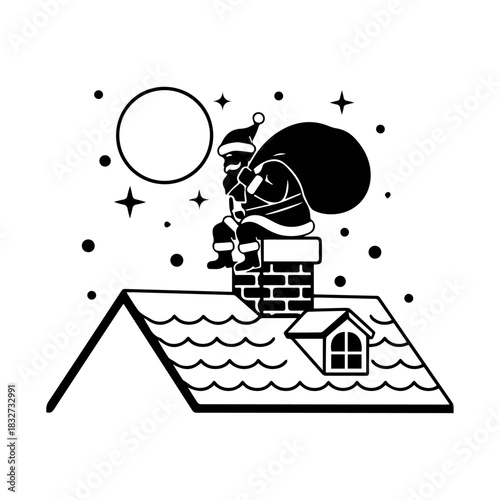 Santa Climbing Chimney Silhouette with Bag of Toys Vector Illustration
