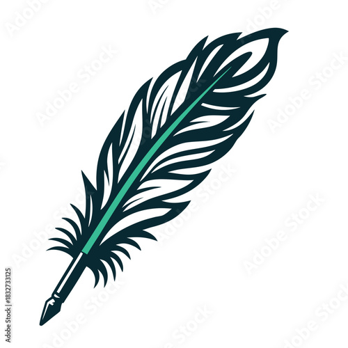 Teal and Black Feather Illustration on White