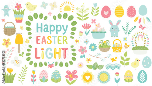 A vibrant collection of cute hand drawn illustrations celebrating easter with colorful eggs bunnies chicks flowers baskets and the words happy easter light