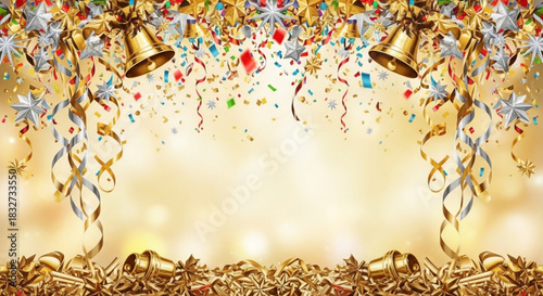 A festive and luxurious background featuring a shower of colorful confetti, gold and silver stars, hanging ribbons, and prominent golden bells, all framed against a bright, shimmering golden bokeh