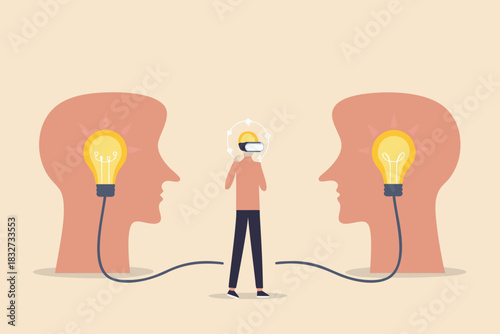 Virtual reality user connecting two minds with creative ideas innovation and inspiration