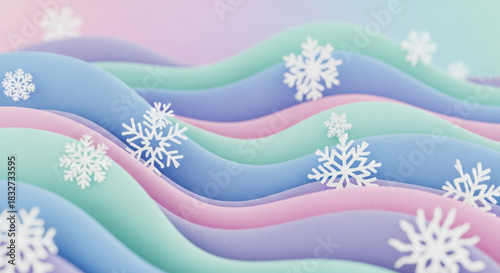 A colorful, 3D paper-cut style background featuring soft, undulating pastel waves in shades of blue, pink, green, and lavender, adorned with white paper-cut snowflakes. The image conveys a gentle