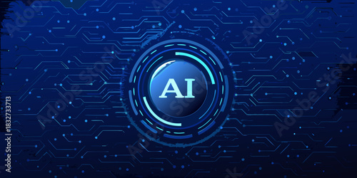 Artificial intelligence concept with circuit board background in dark blue