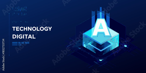 Futuristic digital technology concept with letter a on a glowing cube