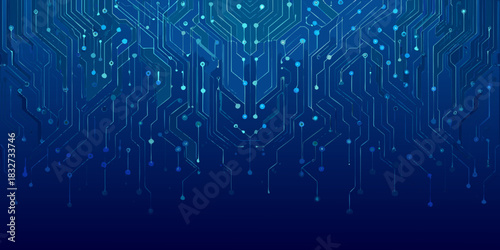 Blue circuit board technology background with connected lines and nodes