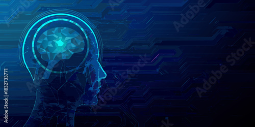 Artificial intelligence concept with human head and brain circuitry