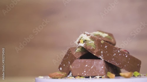 Gourmet Dubai chocolate with pistachio crumbs detailed view