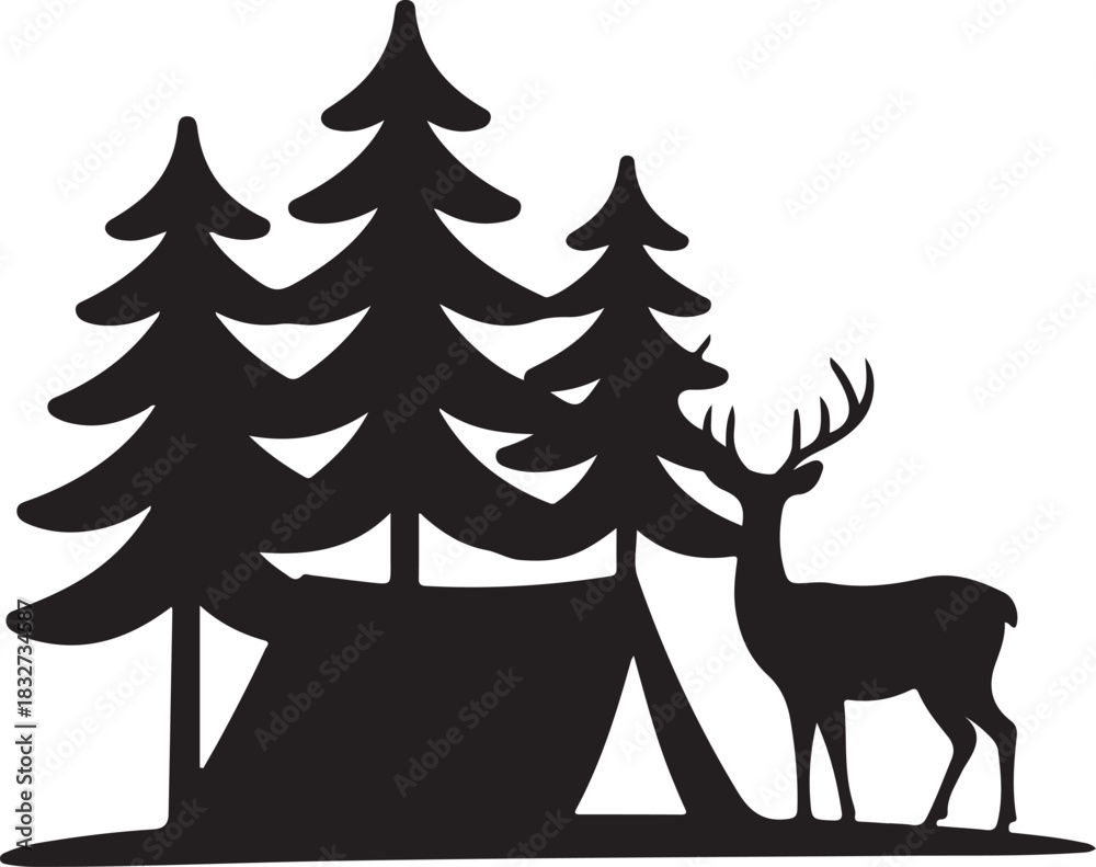 Naklejka premium silhouette illustration featuring a deer standing gracefully beside a cozy camping scene