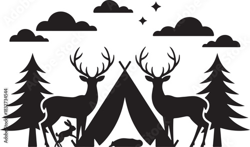 silhouette illustration featuring a deer standing gracefully beside a cozy camping scene