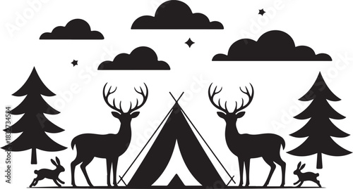 silhouette illustration featuring a deer standing gracefully beside a cozy camping scene