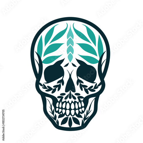 Teal and Black Floral Skull Vector Illustration