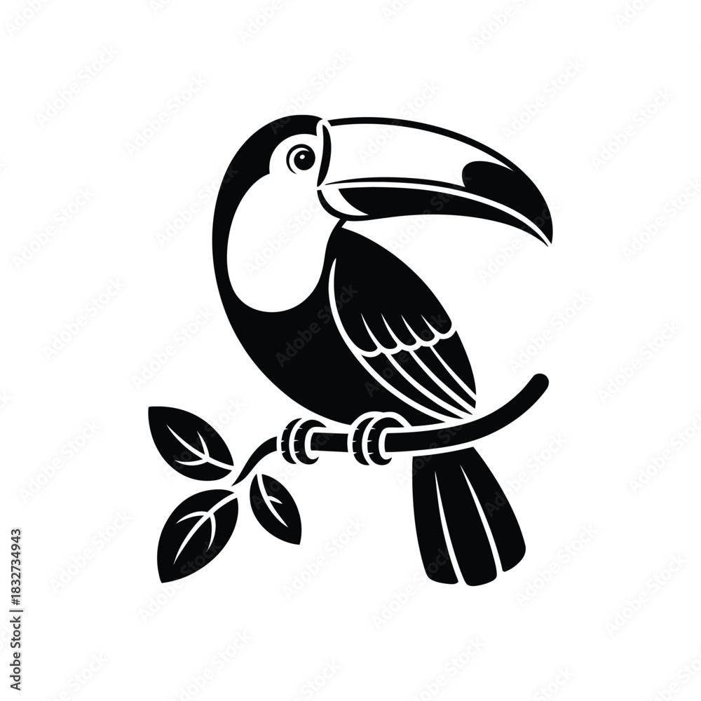 Naklejka premium Toucan perched on a branch, silhouette vector design on a white background