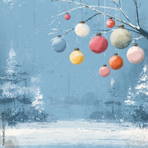 Vintage style Christmas illustration of colorful ornaments hanging on snowy winter branch