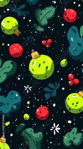 Fun seamless cartoon pattern for Christmas with ornaments and holly berries on dark background