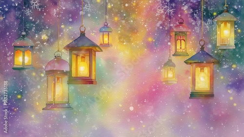 Dreamy watercolor winter illustration of glowing hanging lanterns and magical falling snow