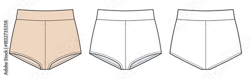 Vintage High-Waist Compression Boyshorts Technical Fashion Illustration. Women’s Underwear Vector Template. Front and Back Views. Smooth Seamless Panty Silhouette. Skin tone. CAD Mockup Set.