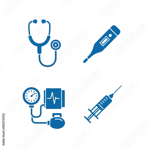 Medical equipment icons set with stethoscope, thermometer, blood pressure monitor, and syringe.