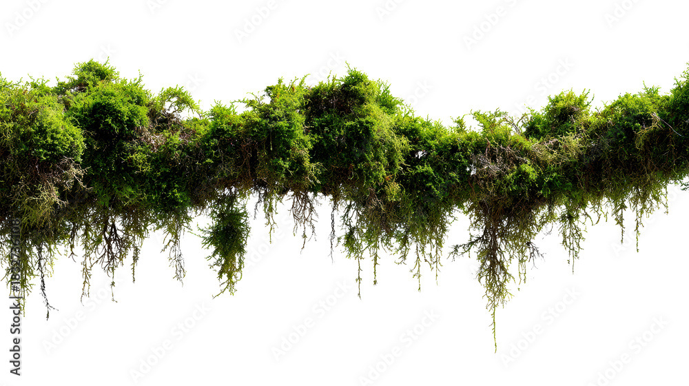 Fototapeta premium Overgrown lush green moss and creeping plants hanging from a horizontal branch creating a natural jungle canopy for environmental design and organic backgrounds