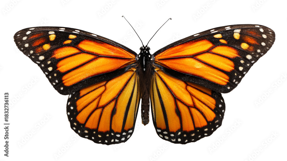Fototapeta premium Monarch butterfly with intricate orange and black wings and white spots showcased against a clean backdrop, perfect for nature studies and entomology projects.