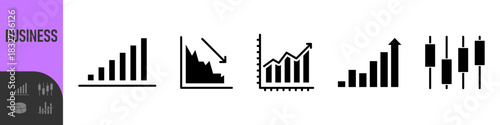 Business data charts. Diagrams and graphs. Business data market elements, statistic and data, infographics business, money, down or up, analytic report. Set of financial marketing black diagrams