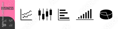 Business data charts. Diagrams and graphs. Business data market elements, statistic and data, infographics business, money, down or up, analytic report. Set of financial marketing black diagrams