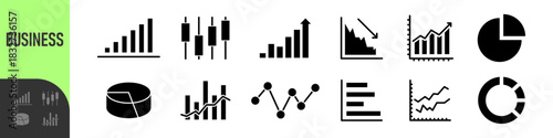 Business data charts. Diagrams and graphs. Business data market elements, statistic and data, infographics business, money, down or up, analytic report. Set of financial marketing black diagrams