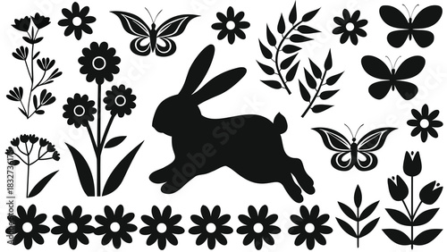 A black silhouette of a jumping rabbit surrounded by various floral elements and butterflies creating a whimsical and natural composition perfect for spring or easter themes