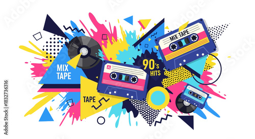 Retro Mix Tape Nostalgia Celebrating the Iconic 90s Music Era with Colorful Geometric Design