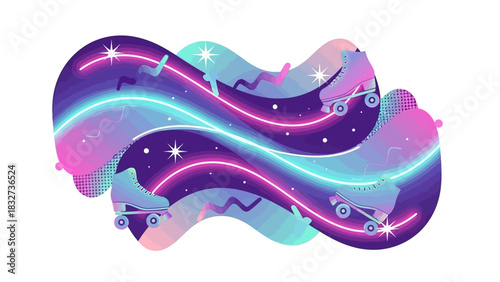An energetic and colorful vector illustration of roller skating with glowing purple and pink neon light effects and stars