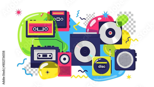 Retro Audio Equipment Illustration A Vector Graphic Depicting Cassette Tapes, CDs, and Speakers