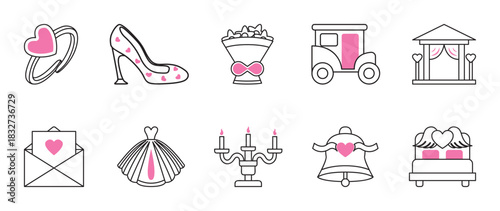 Wedding and Romance Line Icons Set. A romantic set of 10 icons for weddings and relationships, using black outlines and soft pink accents