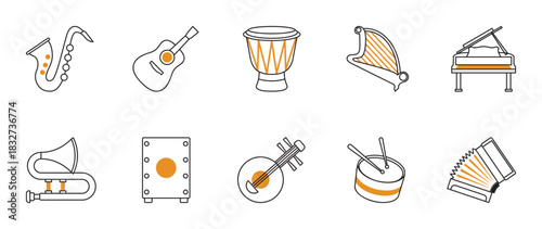 Orchestral and World Musical Instruments Line Icons Set. A set of 10 harmonious musical instrument icons with black outlines and warm orange accents.