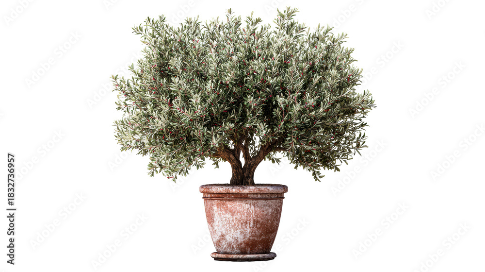 Fototapeta premium Potted olive tree with dense foliage and small red fruits, a classic botanical element perfect for home decor, landscaping inspiration, or garden center advertising.