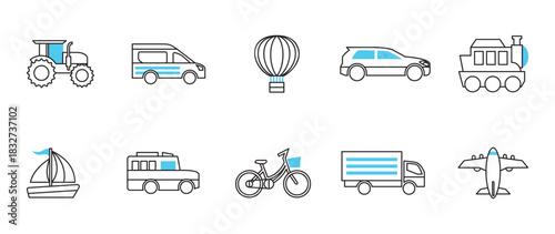 Global Transportation Line Icons Set. A diverse set of 10 line art transportation icons, designed with black outlines and cool blue accents.