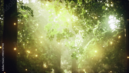 Bild auf Leinwand Bright sunlight streams through the thick canopy of leaves in a serene forest
