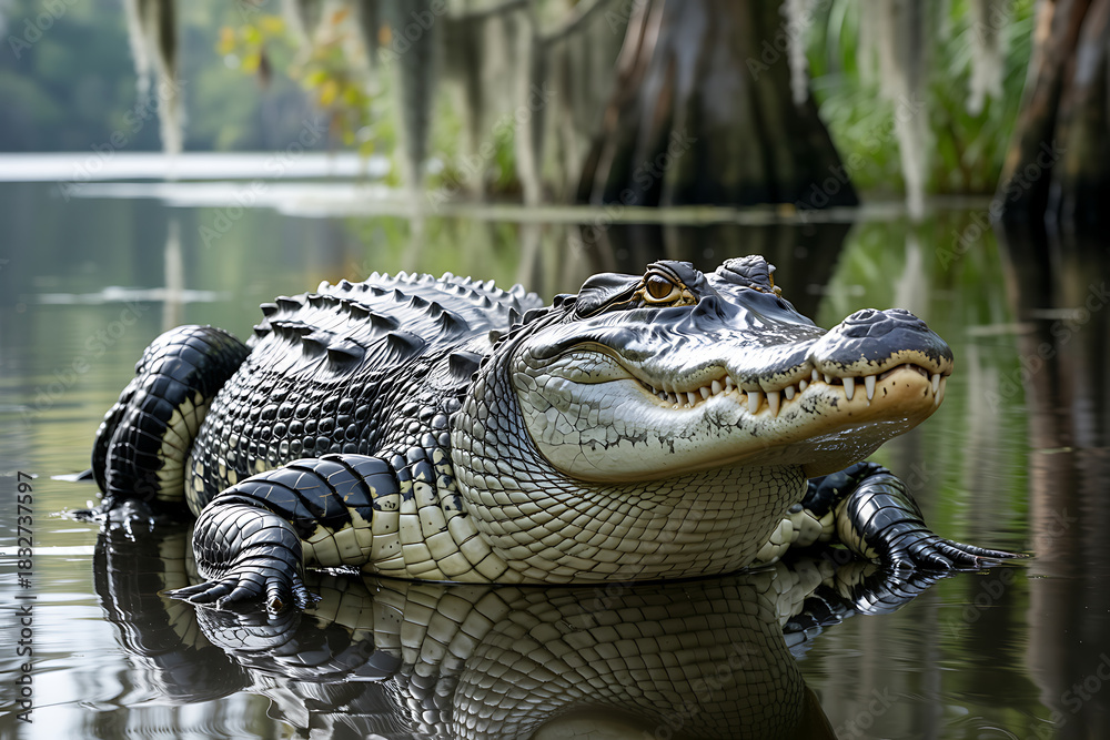 Fototapeta premium Alligator in Swamp Water Surrounded by Cypress Trees