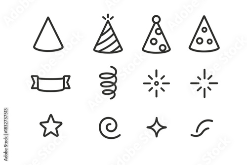 Party Icons Flat Lay. Party hats and streamers flat lay. Line outline icon set of Party hats and streamers