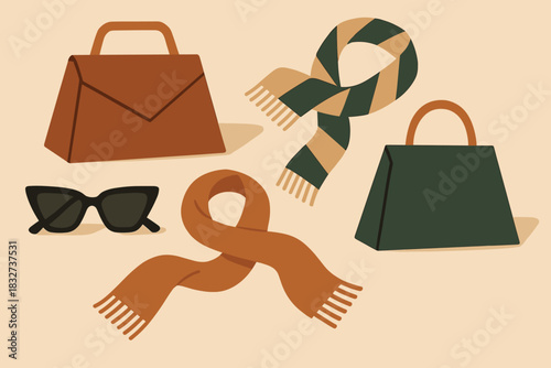 Retro Fashion Essentials. Fashion essentials tabletop minimalist flat illustration of angular bags, scarves,