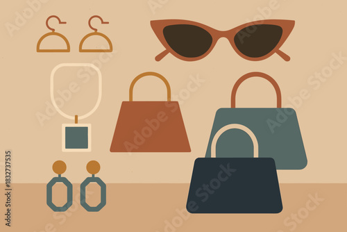 Retro Fashion Flat Lay. Fashion accessories flat lay minimalist flat illustration of geometric jewelry,