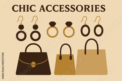 Vintage Chic Accessories. Chic accessory collection minimalist flat illustration of earrings, rings, and bags