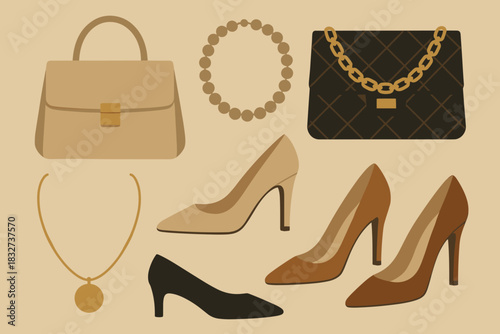 Vintage Luxury Accessories. Luxury accessory spread minimalist flat illustration of handbags, necklaces, and